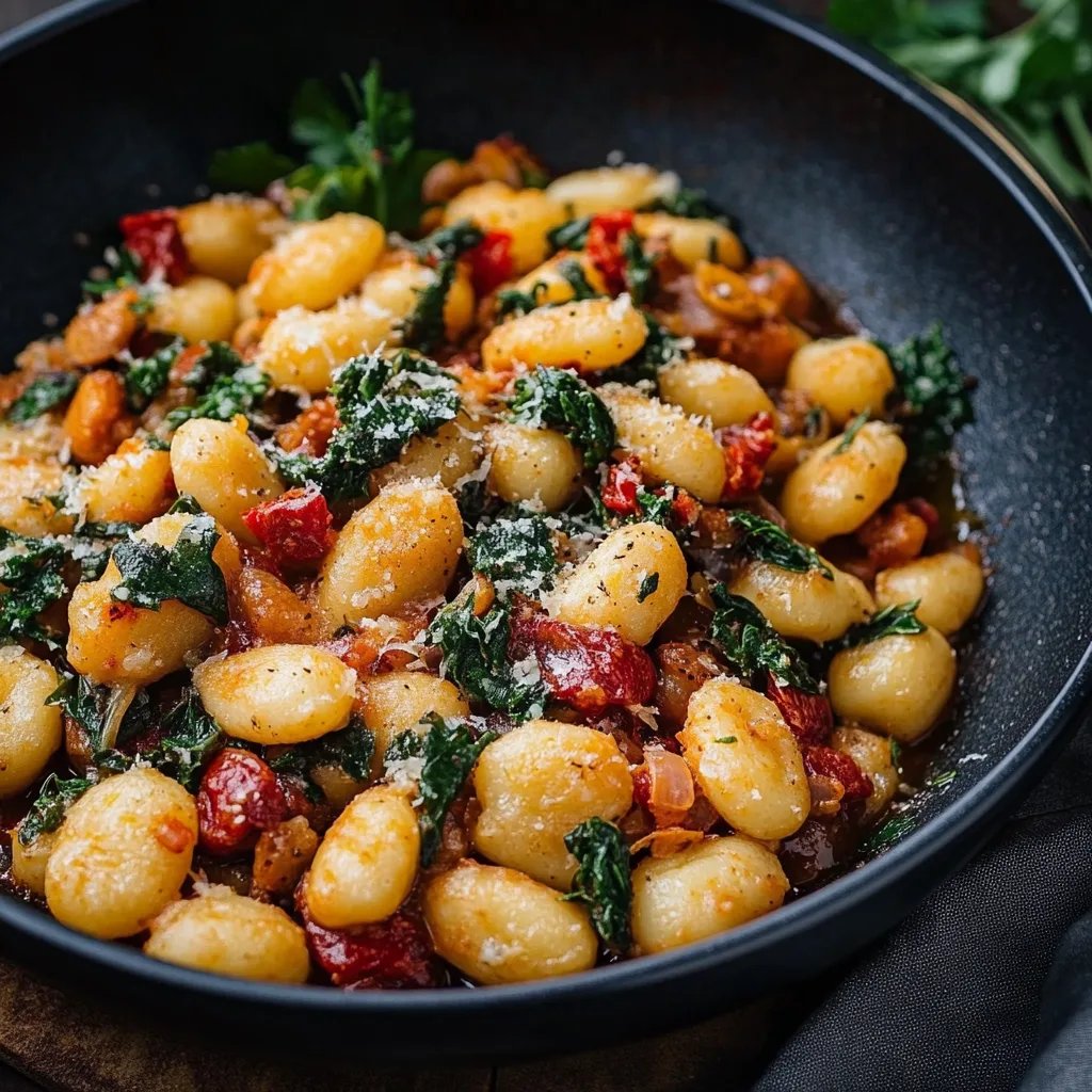 Gnocchi-Grünkohl-Pfanne mit Pilzen und getrockneten Tomaten