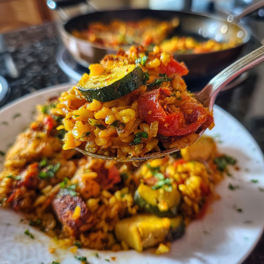 Paella mit Paprika und Zucchini